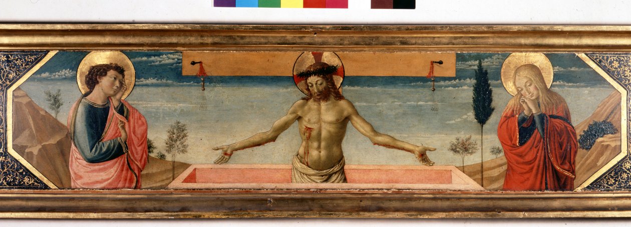 Predelle med Kristus i fromhet och helgon. Målning av Gozzoli Benozzo (1420 - 1497) (detalj) av Benozzo di Lese di Sandro Gozzoli