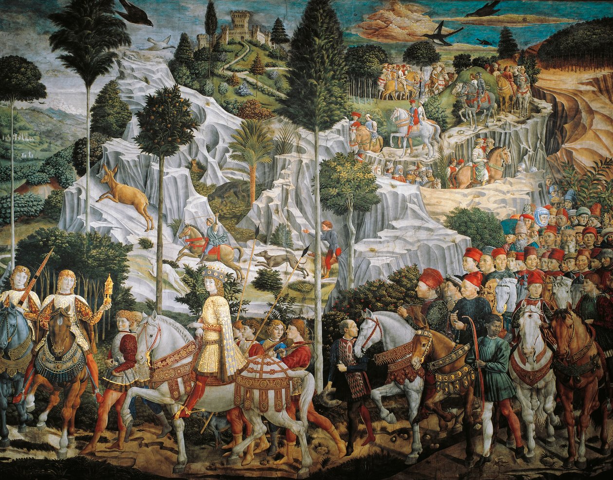 Procession av Magi Kings till Betlehem, av Benozzo Gozzoli (1420-1497), fresk, tempera och olja på väggen, Kapellet Palazzo Medici Riccardi, Florens av Benozzo di Lese di Sandro Gozzoli