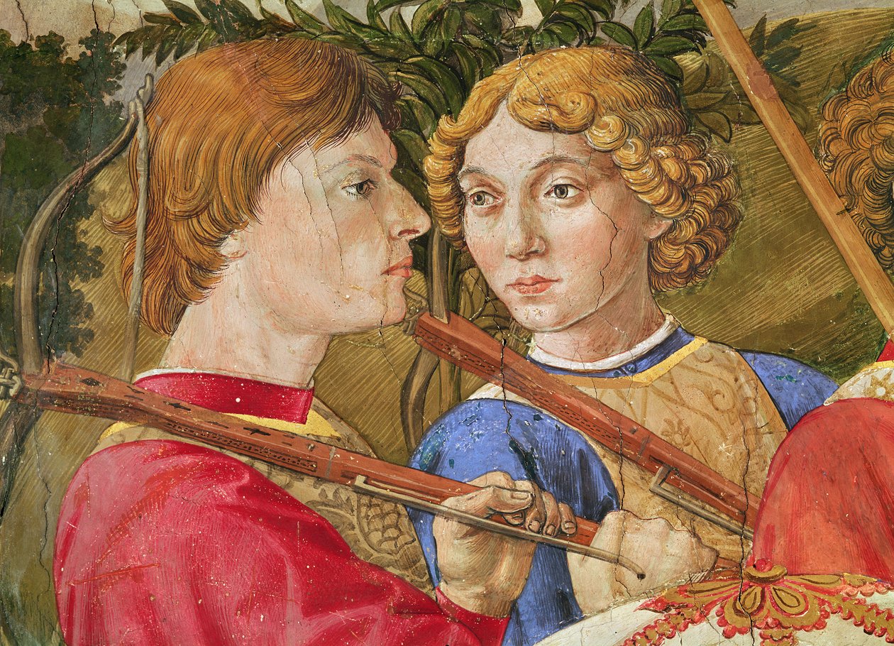 De vise kungarnas procession, procession ledd av Lorenzo den magnifike i skepnad av Magus Caspar, detalj av två armborstskyttars huvuden, 1459-1462 av Benozzo di Lese di Sandro Gozzoli