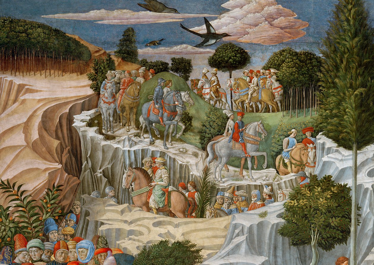 Procession på hästryggen nedför en kulle, detalj från Journey of the Magi-cykeln i kapellet, ca 1460 freskdetalj av 70619 av Benozzo di Lese di Sandro Gozzoli