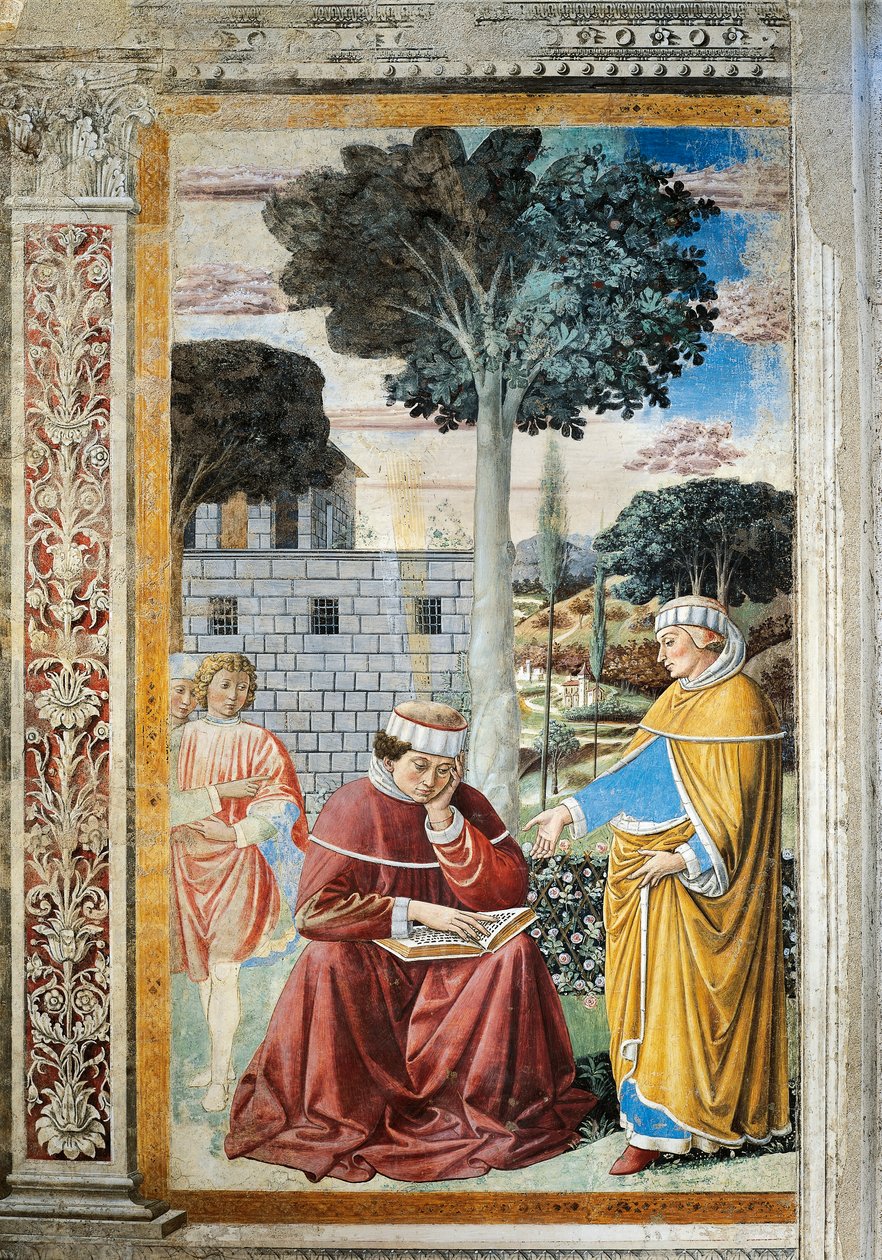 St. Agostino läser brev av St. Paul, detalj från Stories of St. Augustine av Benozzo di Lese di Sandro Gozzoli