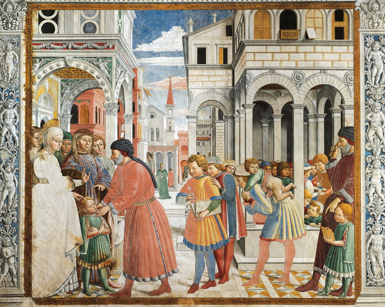 St Augustine togs av sina föräldrar till grammatiklärare i Tagaste, av Benozzo Gozzoli (1420-1497), fresk, Church of St Augustine, San Gimignano (UNESCOs världsarvslista av Benozzo di Lese di Sandro Gozzoli