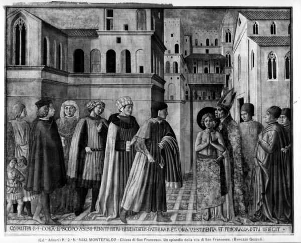 St. Franciskus som avstår från sina världsliga gods (fresk) (s/v foto) av Benozzo di Lese di Sandro Gozzoli