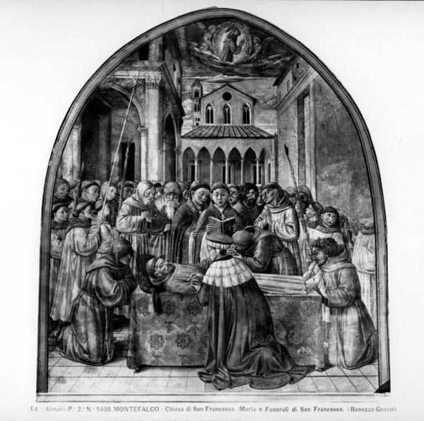The Burial Rites of St. Francis (fresk) (s/v foto) av Benozzo di Lese di Sandro Gozzoli