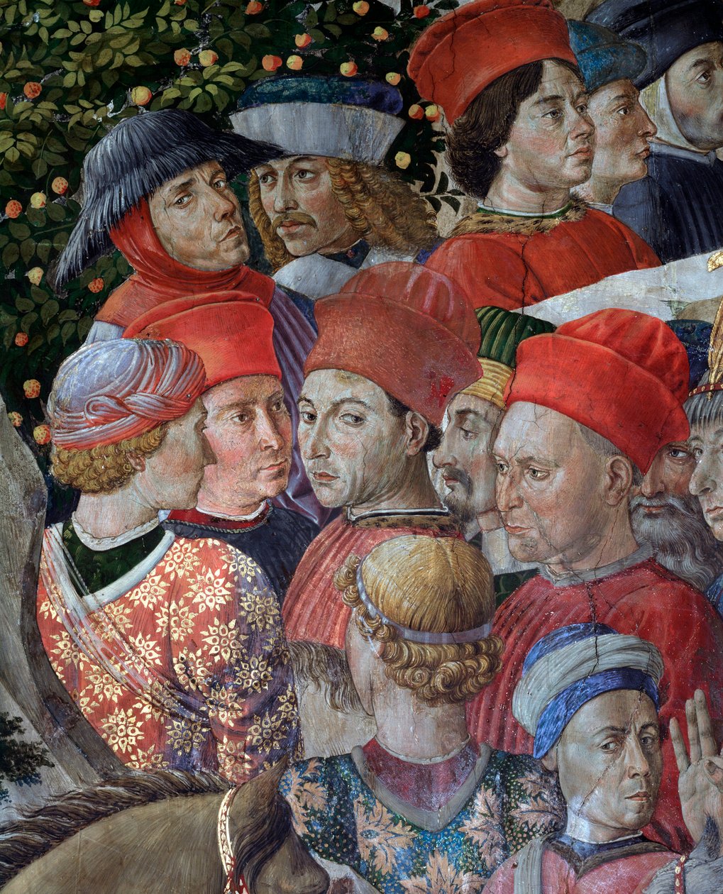 The Journey of the Magi Cortege of the Magi of Jerusalem a Betleem "Viaggio dei Magi" eller "Cavalcata dei Magi" (detalj av ansikten i cortege of the Magi Magi) Fresk av Benozzo Gozzoli (1420-1497) av Benozzo di Lese di Sandro Gozzoli
