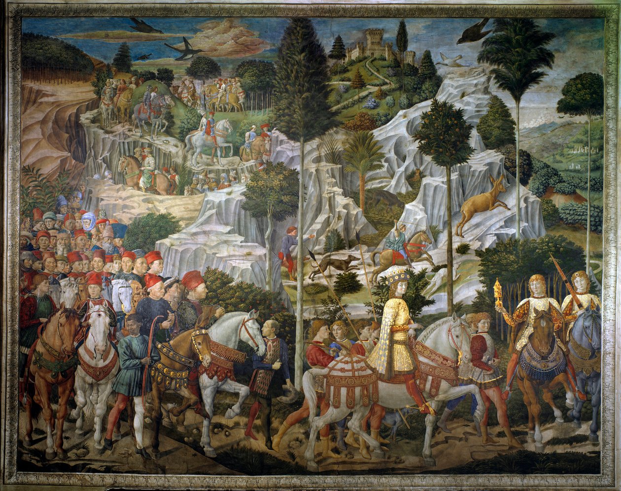 Magiernas resa. Cortege of the Magi of Jerusalem i Bethleem kallad "Journey of the Magi" eller "Cavalcade of the Magi" på italienska. Landskapsdetalj. Fresk av den östra väggen i kapellet av Magi av Benozzo di Lese av Sandro dit Benozzo Gozzoli (1421-14 av Benozzo di Lese di Sandro Gozzoli