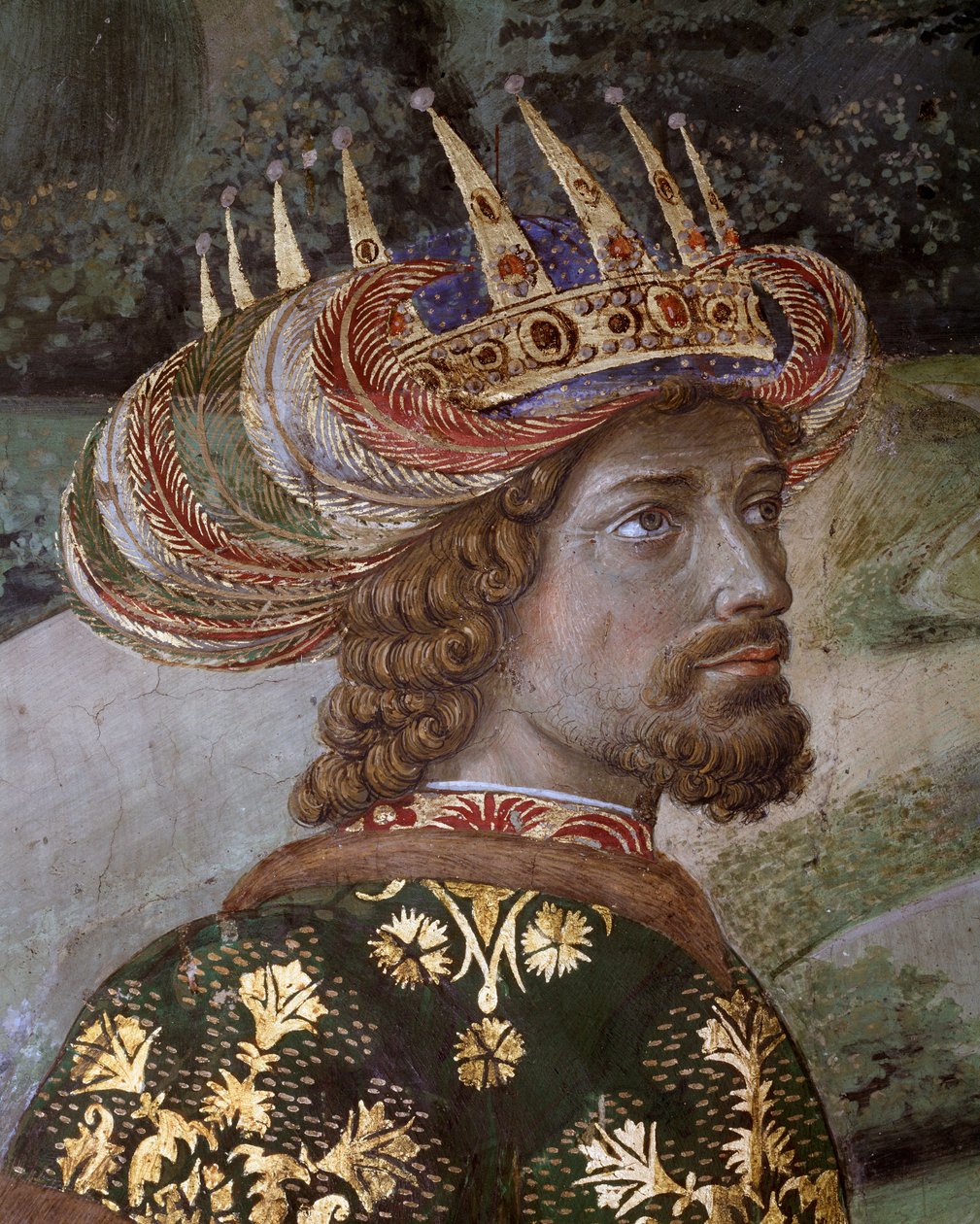The Journey of the Magi Cortege of the Magi of Jerusalem to Betlehem kallar på italienska "Viaggio dei Magi" eller "Cavalcata dei Magi" Detalj av Balthasar under egenskaperna hos Johannes VIII paleolog, bysantinsk kejsare (John VII Palaiologos (eller Palae av Benozzo di Lese di Sandro Gozzoli