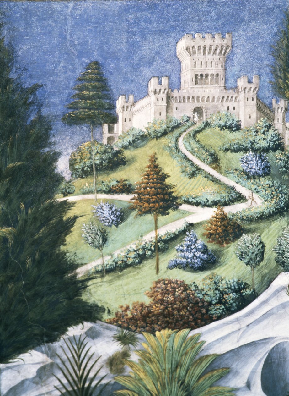 Vägen som leder upp till ett slott, från the Journey of the Magi, 1459 freskdetalj av 636 av Benozzo di Lese di Sandro Gozzoli
