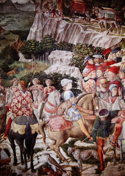 The Procession of the Magi, detalj av riddaren med en leopard i processionen av Melchior, c.1460 (detalj av 70601) av Benozzo di Lese di Sandro Gozzoli