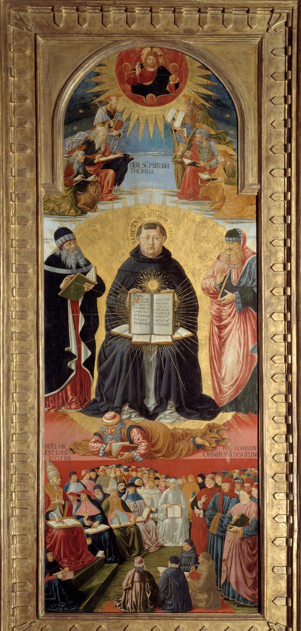 Den helige Thomas av Aquinos triumf (1225-1274) representeras omgiven av Platon (höger) och Aristoteles, till vilka han är lärjunge. Vid hans fötter lade sig Vilhelm av Saint-Amour ner. På toppen välsignar Kristus evangelisterna. Nedan har påven Sixtus IV  av Benozzo di Lese di Sandro Gozzoli