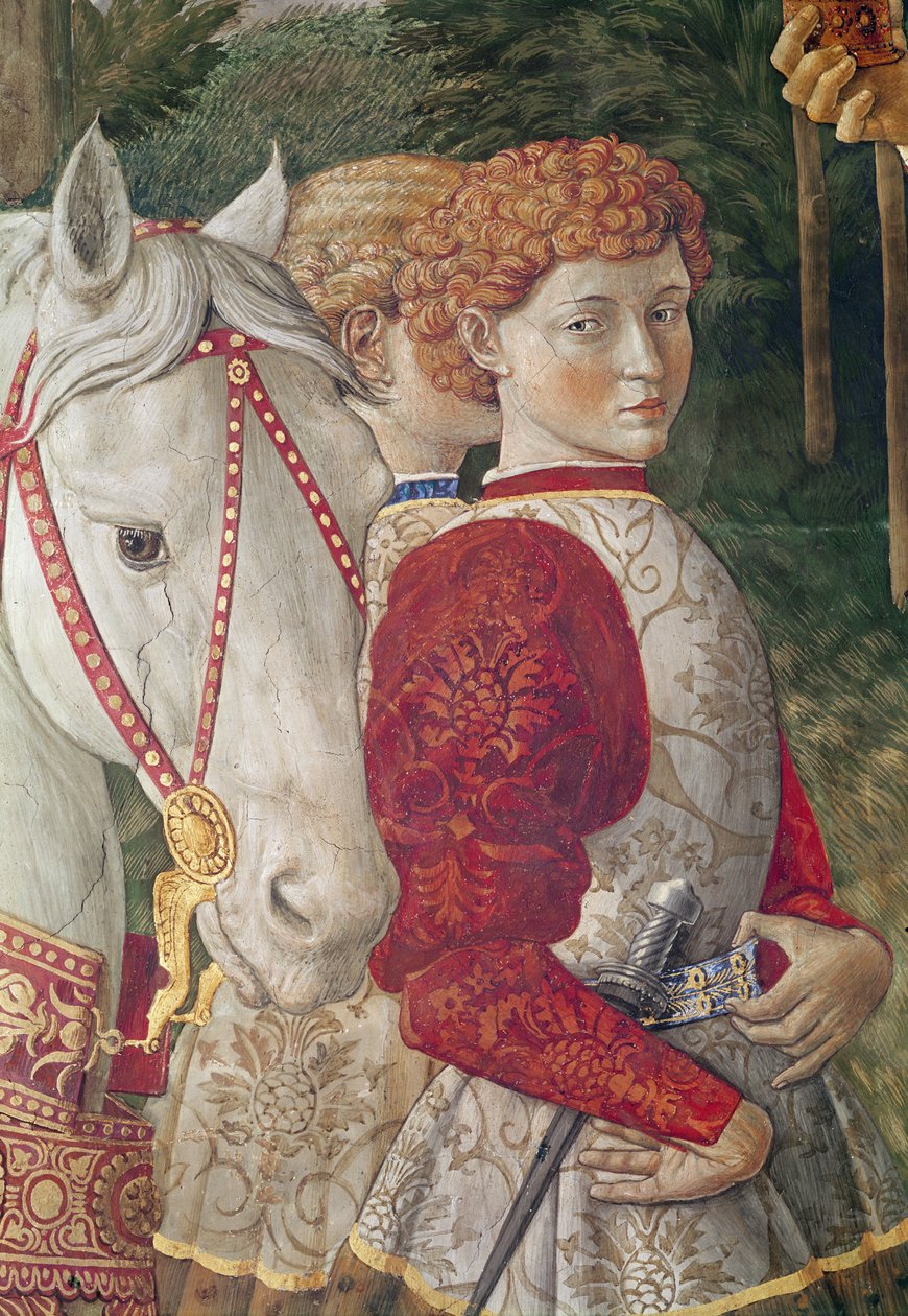 Två livrerade följeslagare och huvudet på Lorenzo den magnifiktas häst, detalj från cykeln om de vises resa i kapellet, ca 1460 av Benozzo di Lese di Sandro Gozzoli