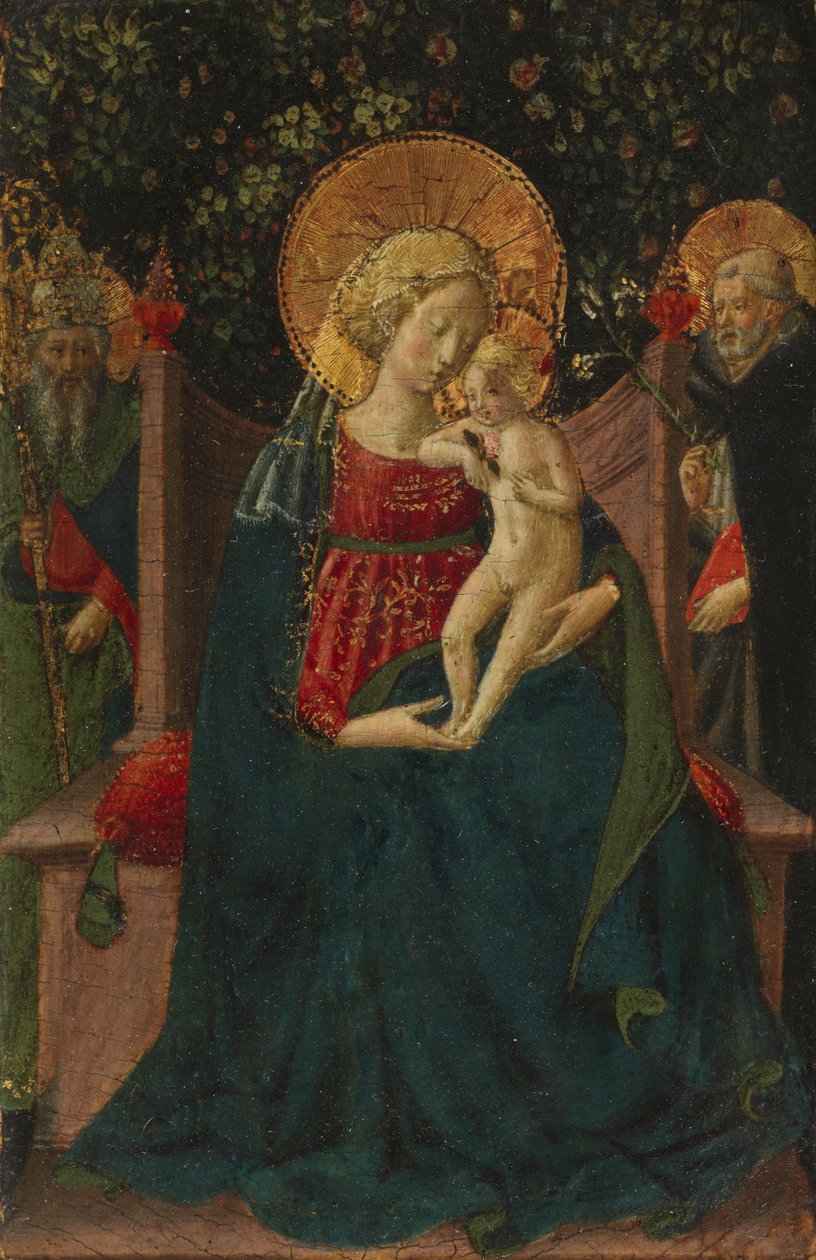 Jungfru och barn tronade mellan Saint Dominic och ett påvligt heligt, 1430-35 av Benozzo di Lese di Sandro Gozzoli