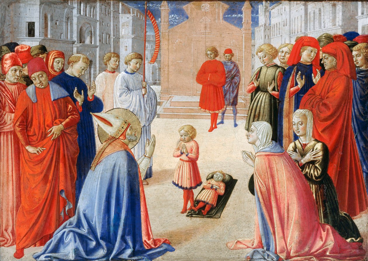 Zenobe de Florence (Saint Zenobe, San Zanobi eller Zenobio) (337-417) - Sankt Zenobius uppväcker en pojke från de döda - Peinture de Gozzoli, Benozzo (ca 1420-1497) av Benozzo di Lese di Sandro Gozzoli