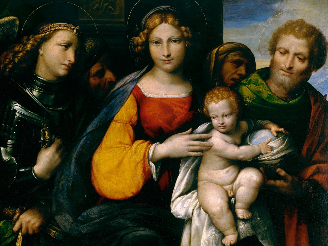 Maleri, der portrætterer Madonnaen og barnet med Saints Seed av Benvenuto Tisi da Garofalo