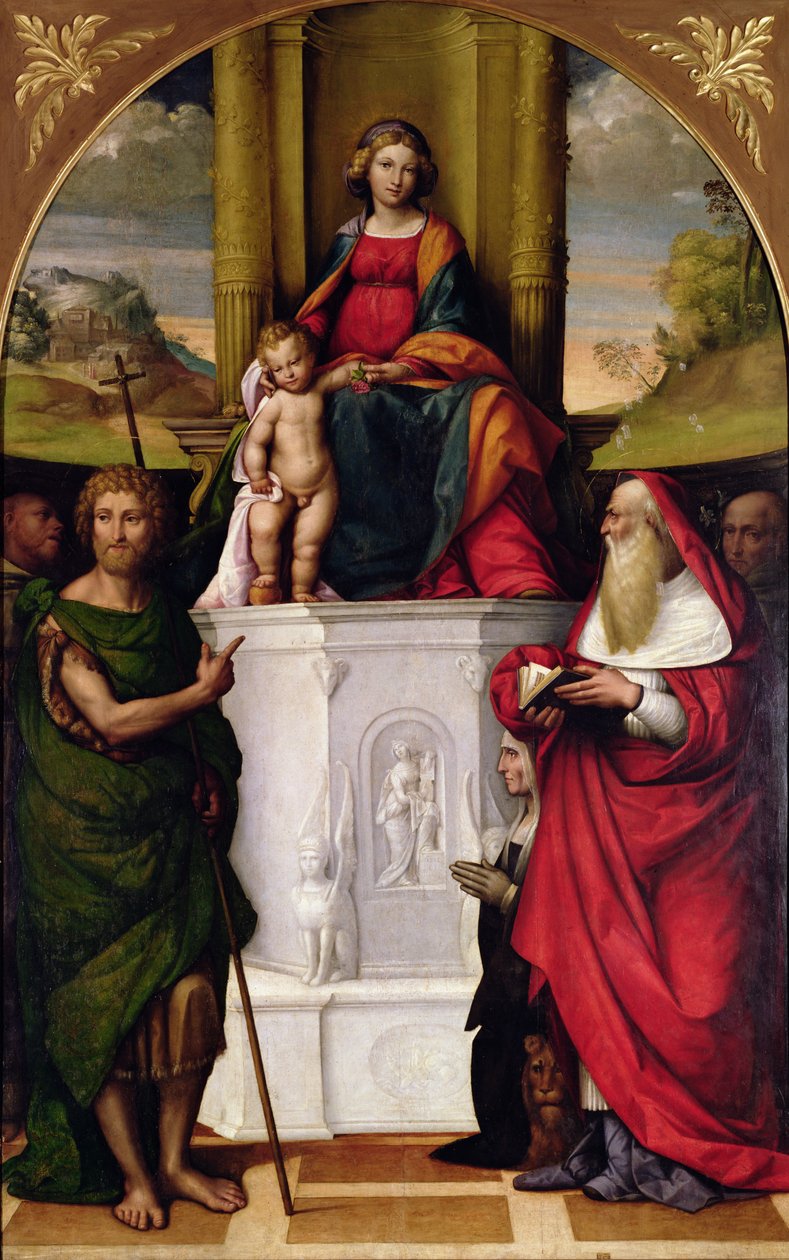 Jomfruen på tronen med St. Hieronymus og St. John (olie) (se også 33480) swed av Benvenuto Tisi da Garofalo