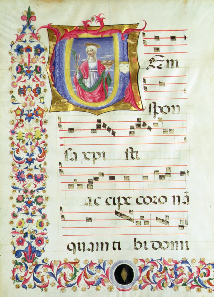 Historikert initial V föreställande St. Agatha av Benvenuto di Giovanni