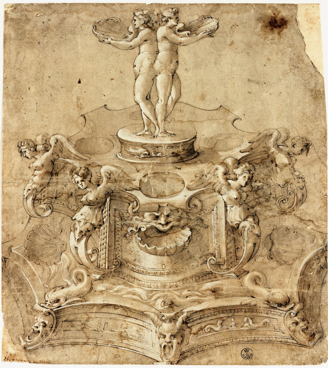 Saltsalt av sexkantig form. Teckning av Benvenuto Cellini (1500-1571) Florens, Uffizimuseet, Institutionen för tryck och teckningar av Benvenuto Cellini