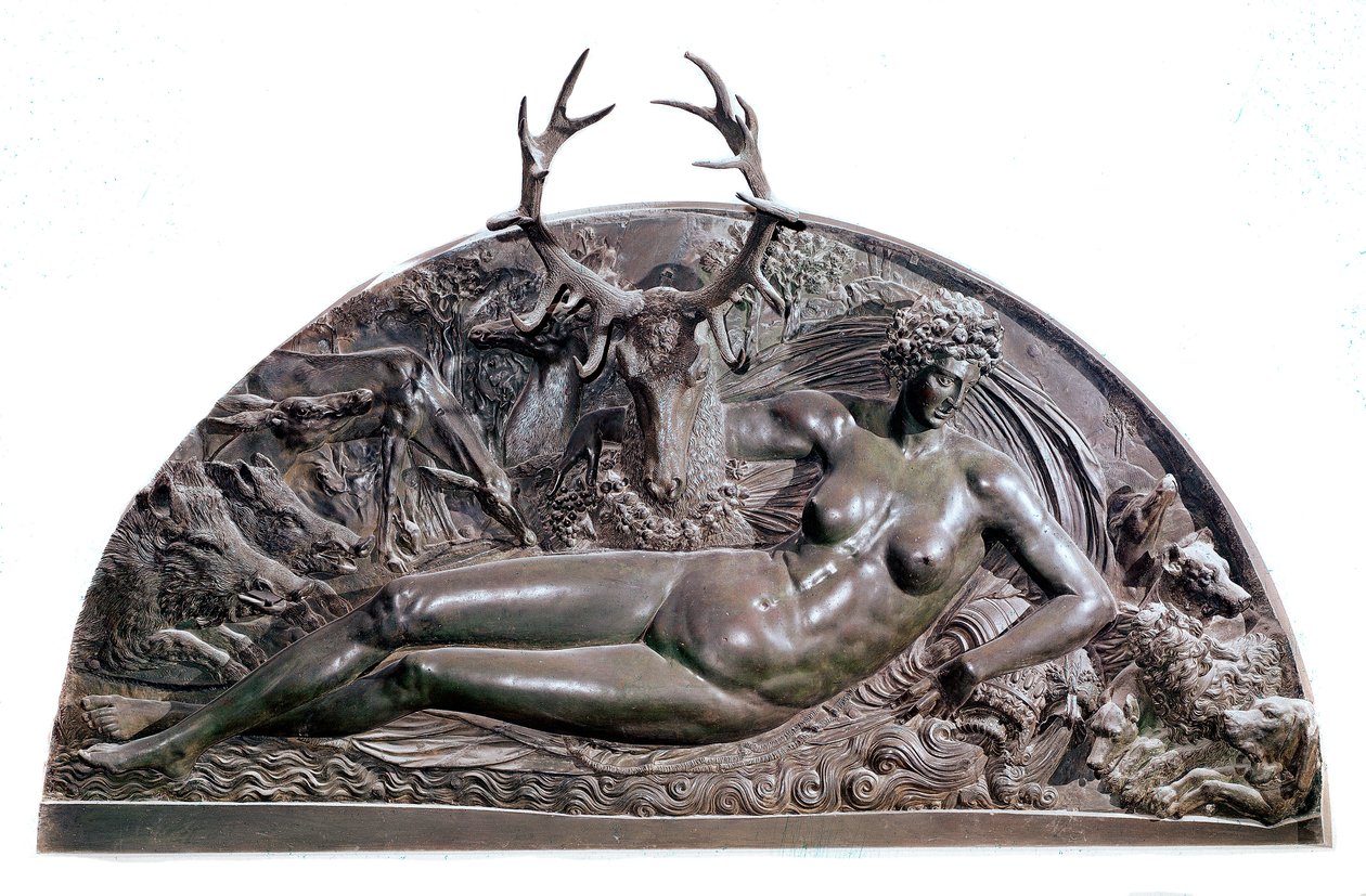 Nymfen från Fontainebleau Bas bronsrelief av Benvenuto Cellini (1500-1571) från slottet Anet. 1542 Dim. 409x205 cm Paris, Louvren av Benvenuto Cellini