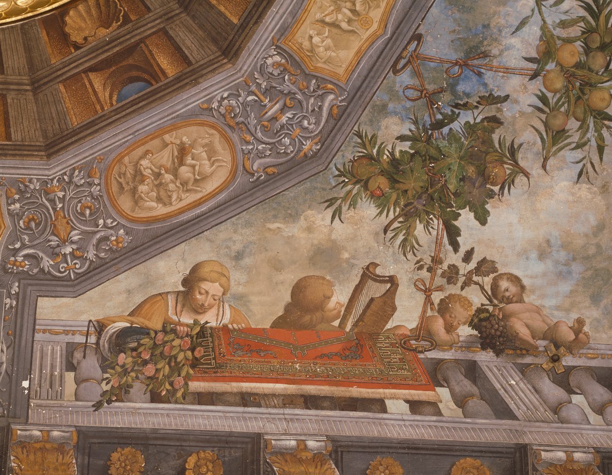 Dam, musiker och amoriner på balkongen, detalj från takfresk, av Garofalo (1481-1559), Skattkammare, Ludovico il Moro-palatset eller Costabili-palatset, Ferrara, Italien av Benvenuto Tisi da Garofalo