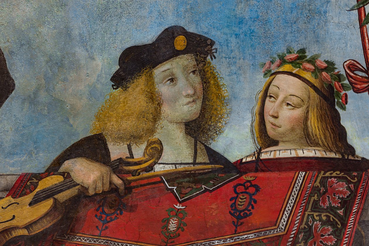Gentleman som håller ett musikinstrument och en gentlewoman, detalj, valv av Hall of the Treasure (fresk) (detalj av 3707463) av Benvenuto Tisi da Garofalo