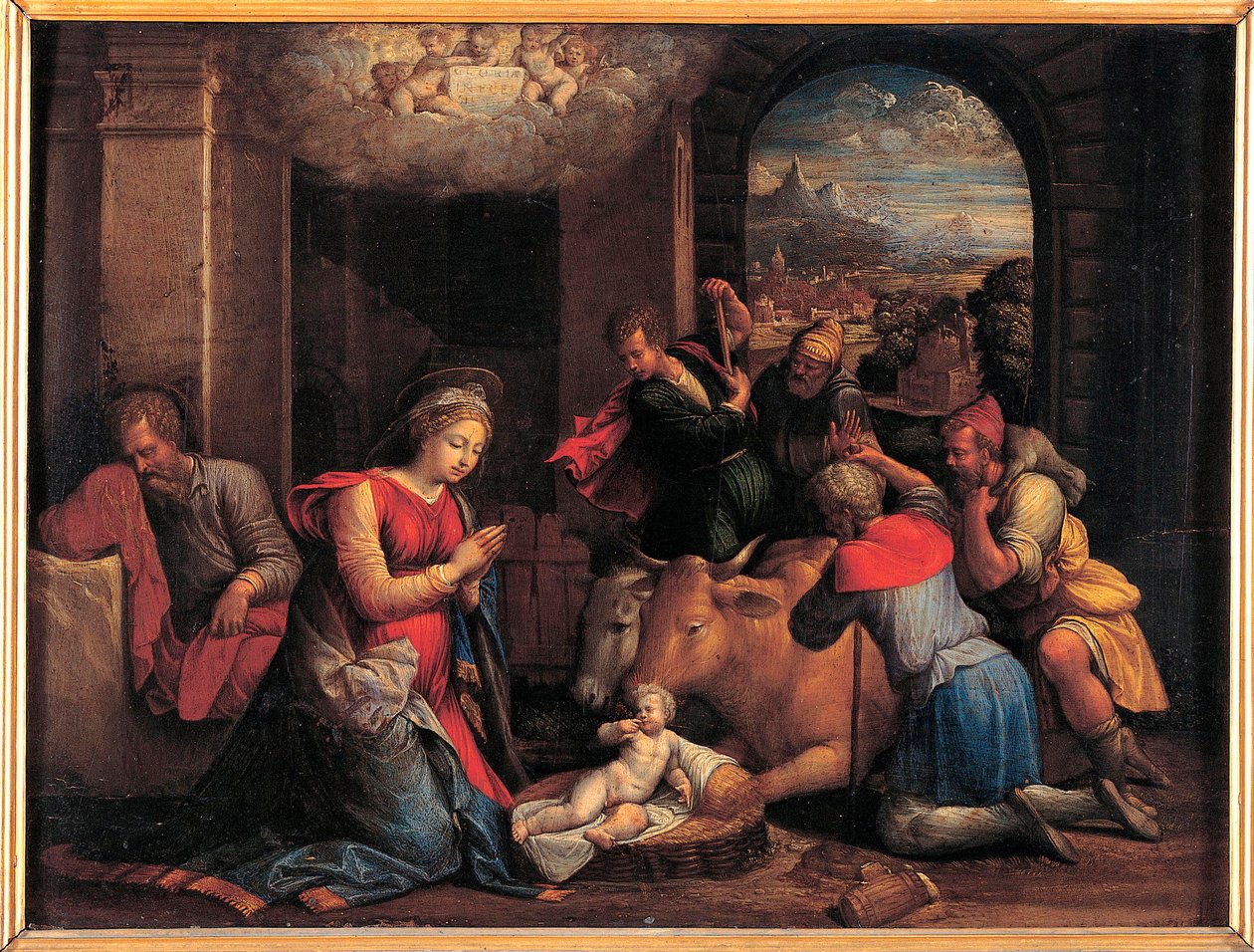Herdarnas tillbedjan - Målning av Benvenuto Tisi da Garofalo (Il Garolafo) (1481-1559), olja på trä, 41,5x55 cm av Benvenuto Tisi da Garofalo