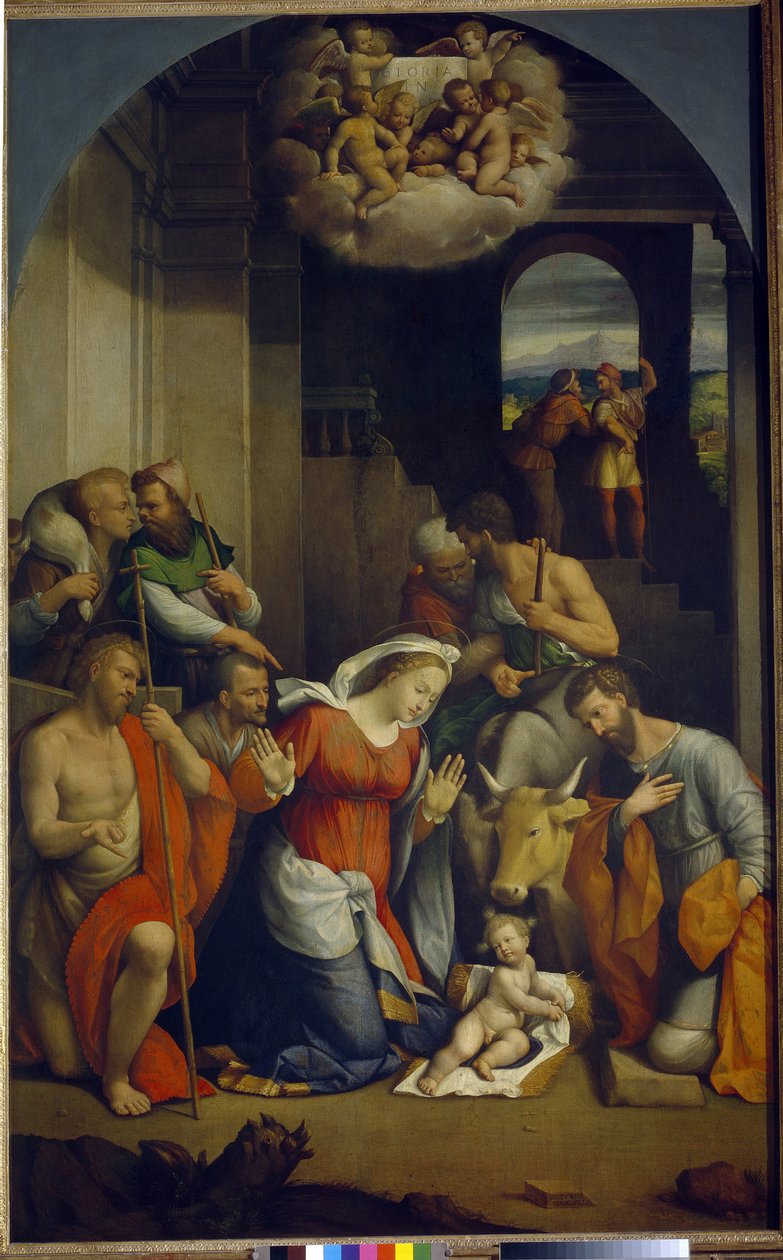 Tillbedjan av Kristusbarnet (tillbedjan av herdarna). (Tillbedjan av Kristusbarnet). Målning av Benvenuto Tisi Da Garofalo (1481-1559), olja på duk av Benvenuto Tisi da Garofalo
