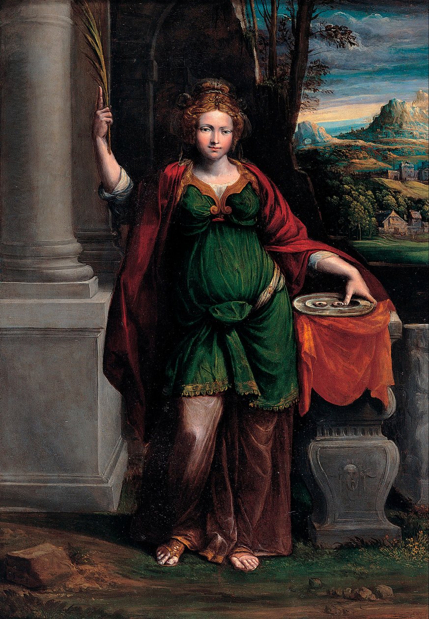 Saint Lucia (av Syrakusa) (tidigt 300-tal) håller en bricka med två ögon (Saint Lucy) - Målning av Benvenuto Tisi da Garofalo (Il Garolafo) (1481-1559), olja på trä, 63x44 cm av Benvenuto Tisi da Garofalo