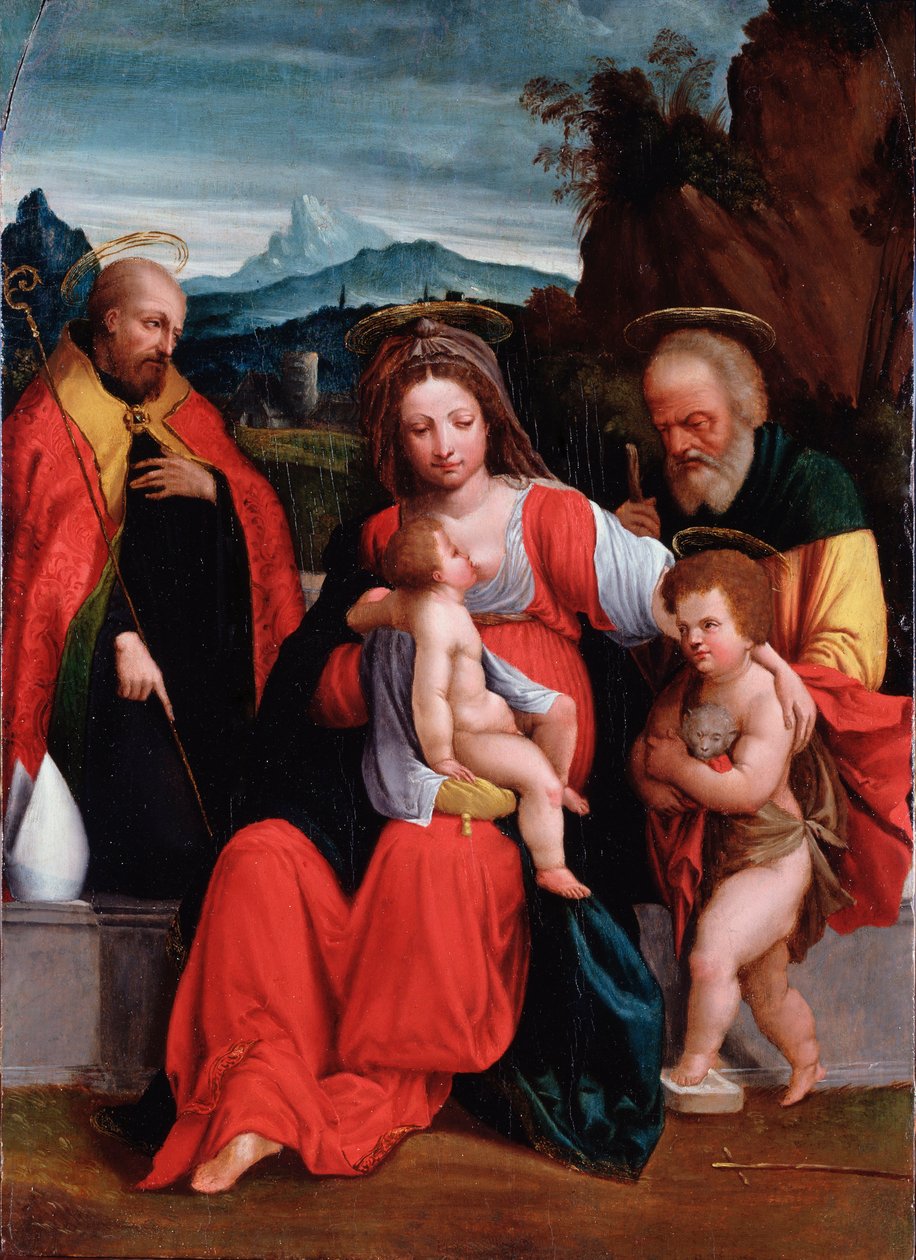 Den heliga familjen med Johannes döparen som barn och biskop Målning av Garofalo (Benvenuto Tisi) (1481-1559) Genes, Musei di Strada Nuova (ex Palazzo Rosso) av Benvenuto Tisi da Garofalo