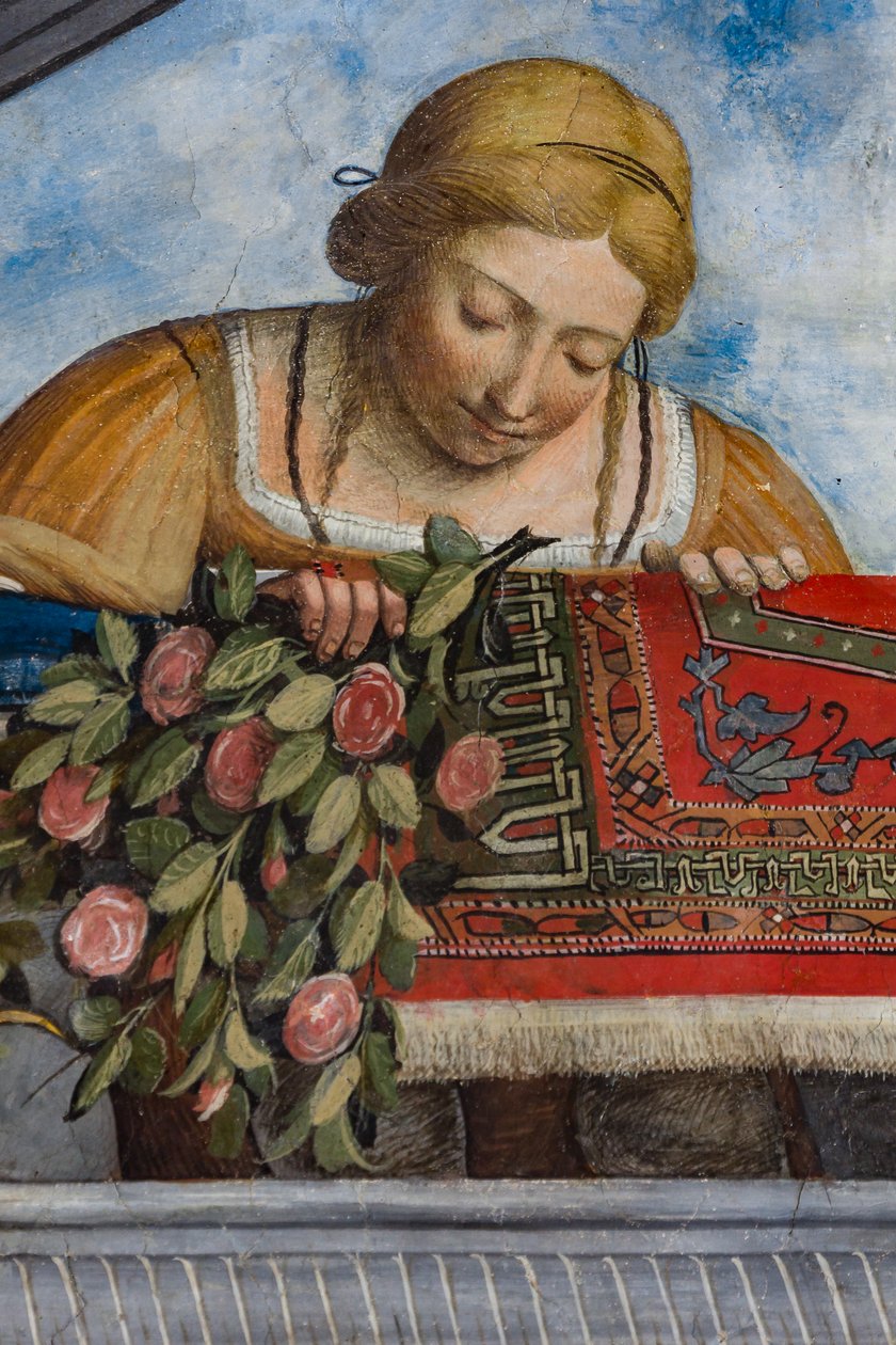 Kvinna som bär en gul klänning och blommor, detalj av valvet, Aula Costabiliana eller Hall of the Treasure (fresk) av Benvenuto Tisi da Garofalo