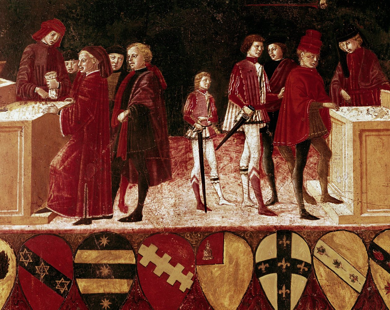 Allegori över statens finanser i krigstid och fredstid. Detalj. 1400-talet (trämålning) av Benvenuto di Giovanni
