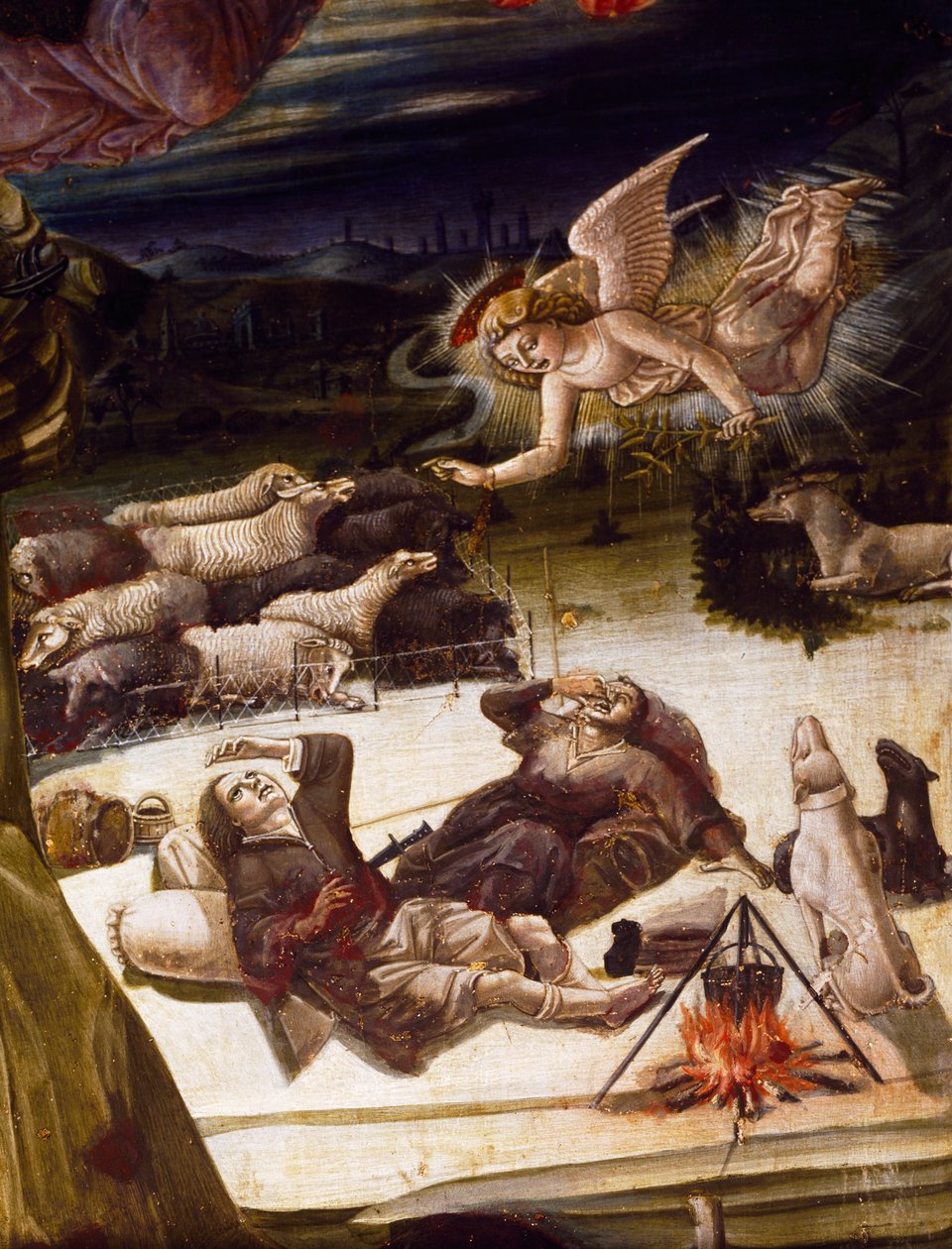 En ängel och herdar, detalj ur altartavlan Födelsekyrkan, av Benvenuto di Giovanni (1436-ca 1518), målning på trä. av Benvenuto di Giovanni