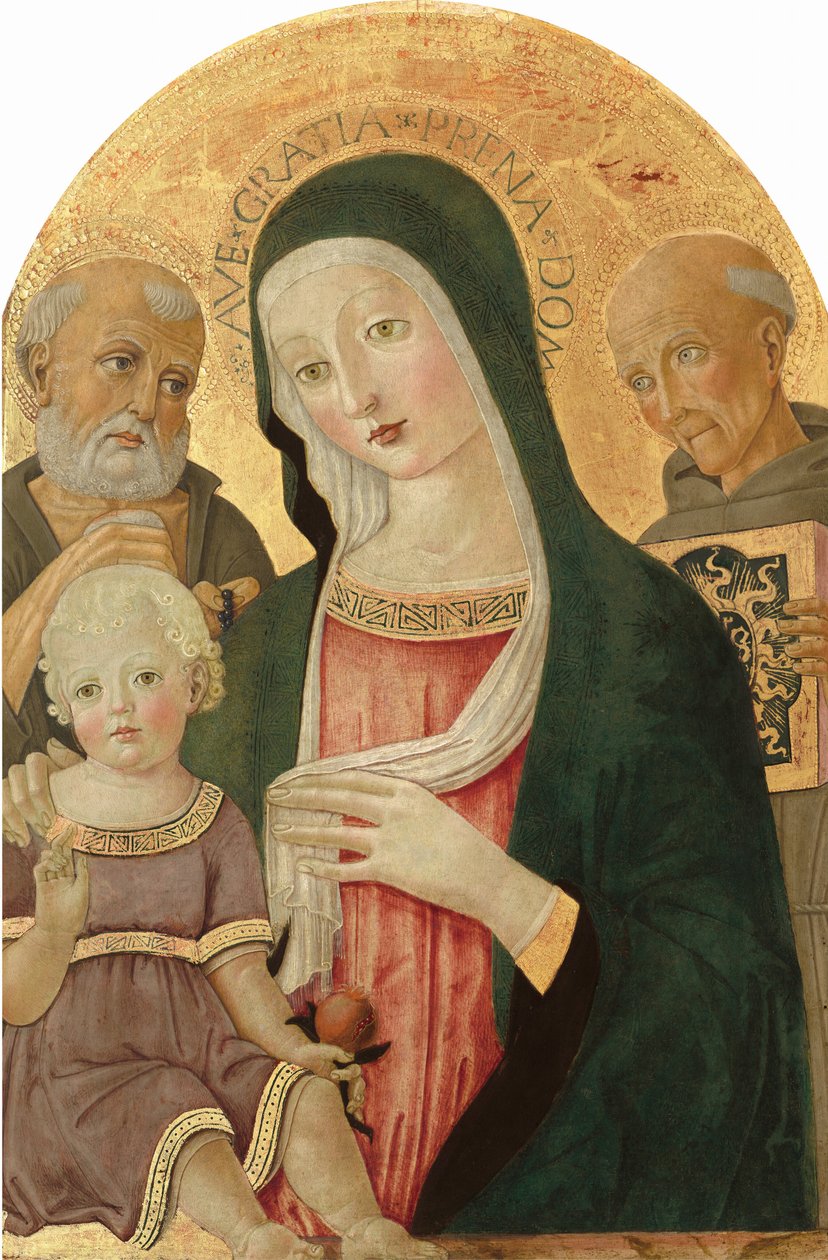 Madonna och barn med Saint Hieronymus och Saint Bernardino av Siena av Benvenuto di Giovanni
