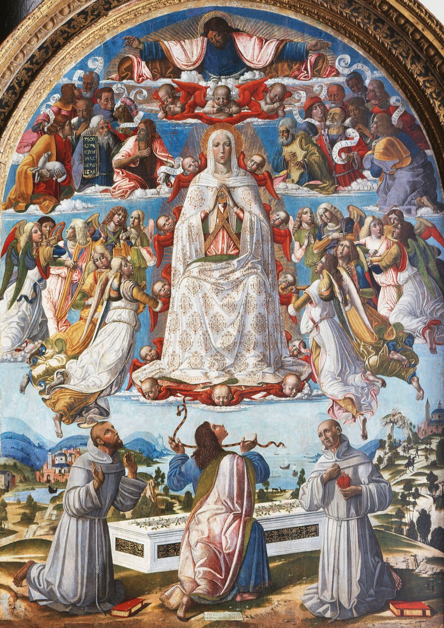 Jungfruns antagande med Sankt Thomas som tar emot gördeln mellan de heliga Franciskus av Assisi och Antonius av Padua, 1480-talet av Benvenuto di Giovanni