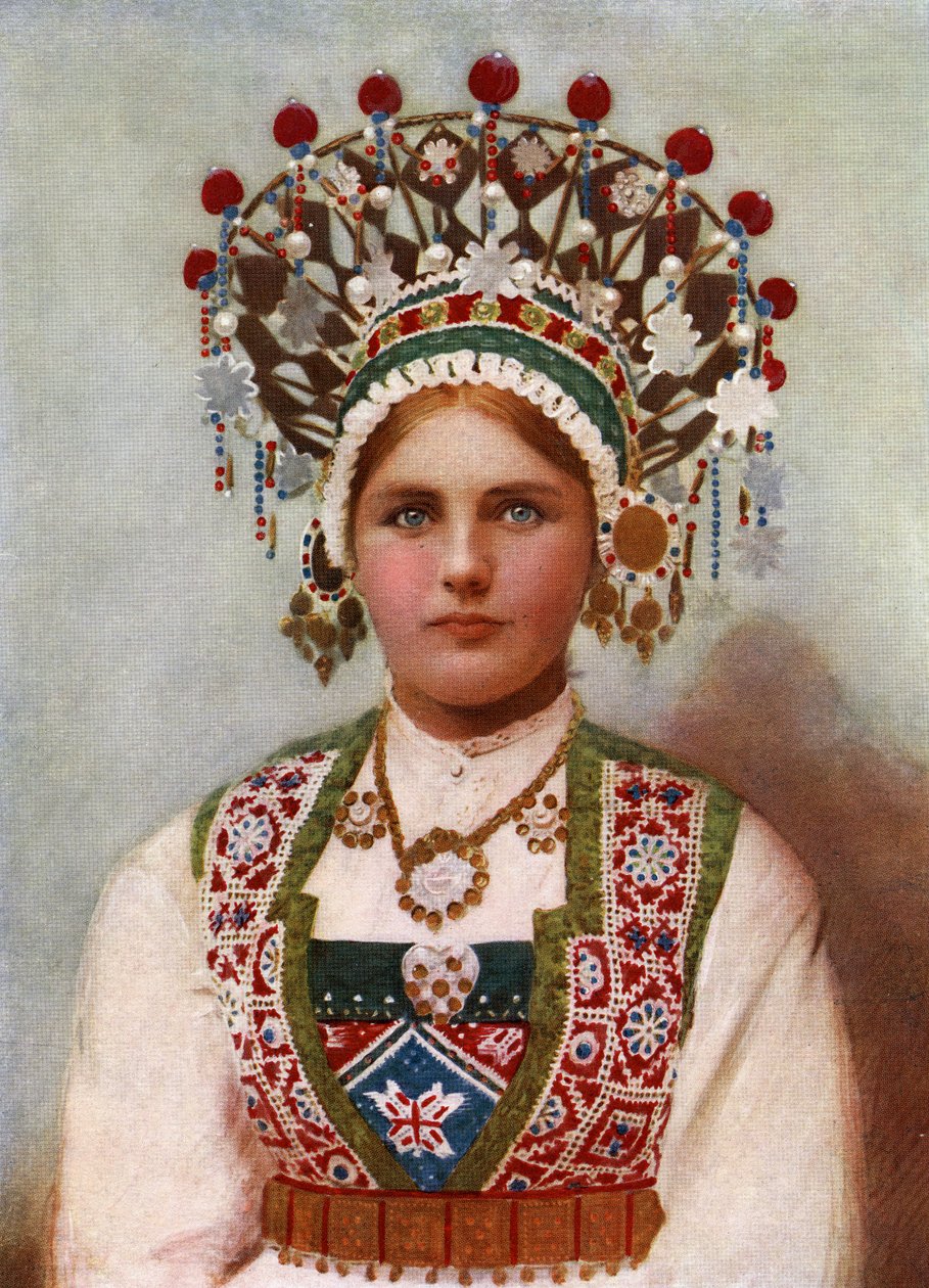 Norsk flicka i brudklänning, 1899 (albumintryck) av Bergen, Norway Söstrene Persen