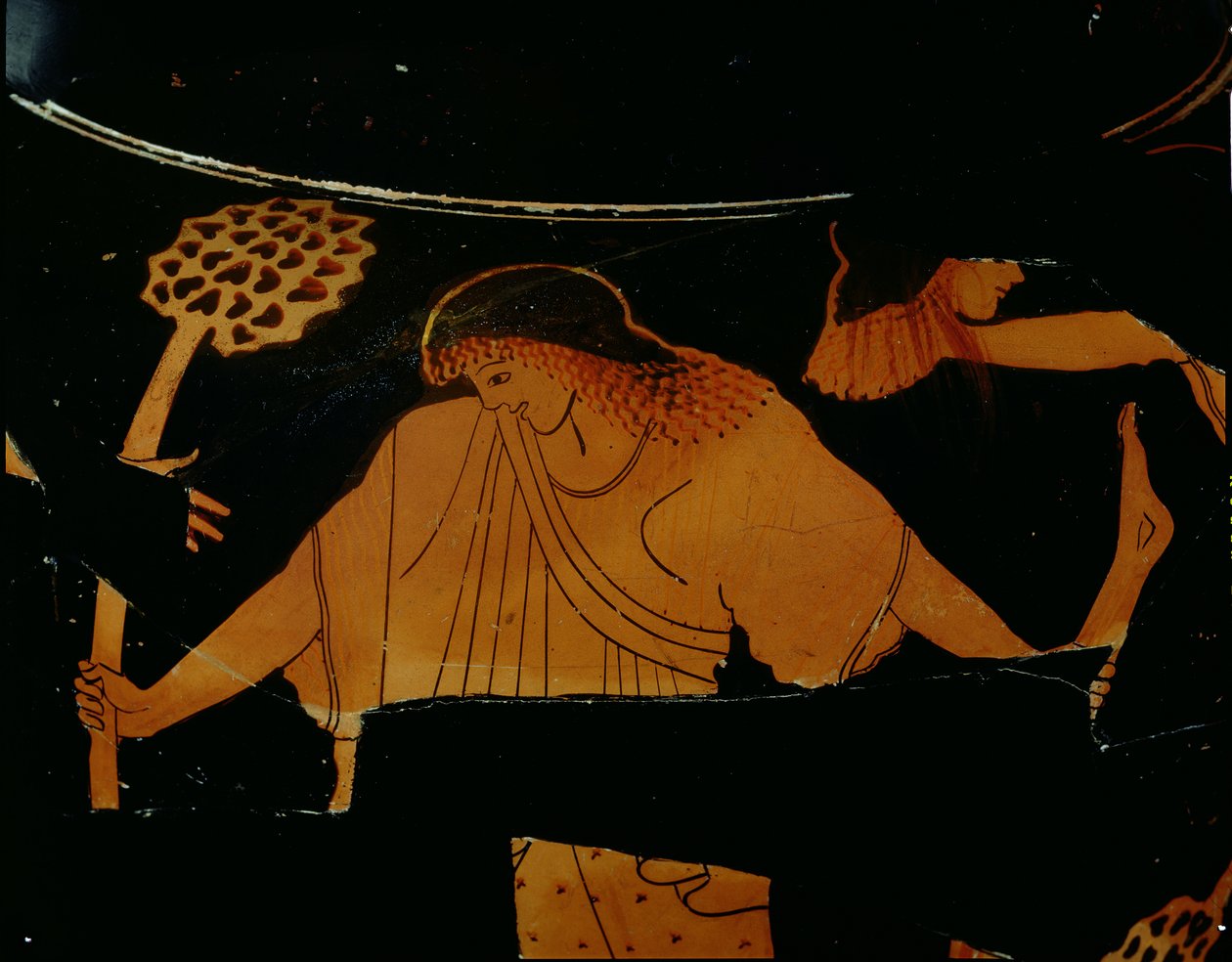 Attic rödfigur stamnos dekorerad med en scen av en maenad som sliter sönder Pentheus i ett dionysiskt offer, hittat i Cerveteri, c.490-480 f.Kr. (keramik) av Berlin Painter