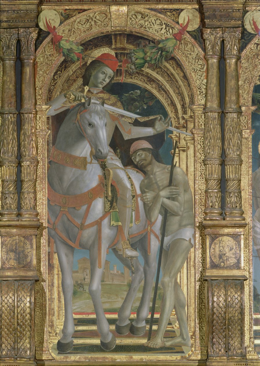 St. Martin delar sin mantel med tiggaren, detalj från en polyptyk, 1485 av Bernadino Jacobi Butinone