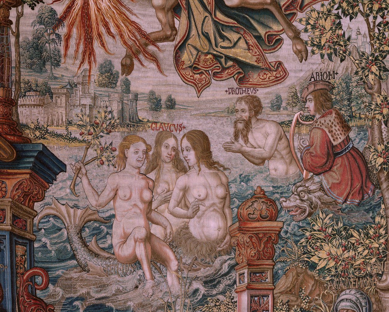 flamländsk gobeläng. Serien The Honours. Fame (La Fama). Tredje tapeten i serien. Modelltecknare från Bernard van Orleys och Jan Gossaerts krets (Mabuse). Tillverkning Pieter van Aelst, Bryssel. Ca 1550. Tyg Guld, silver, siden och ull. av Bernaert van (circle of) Orley