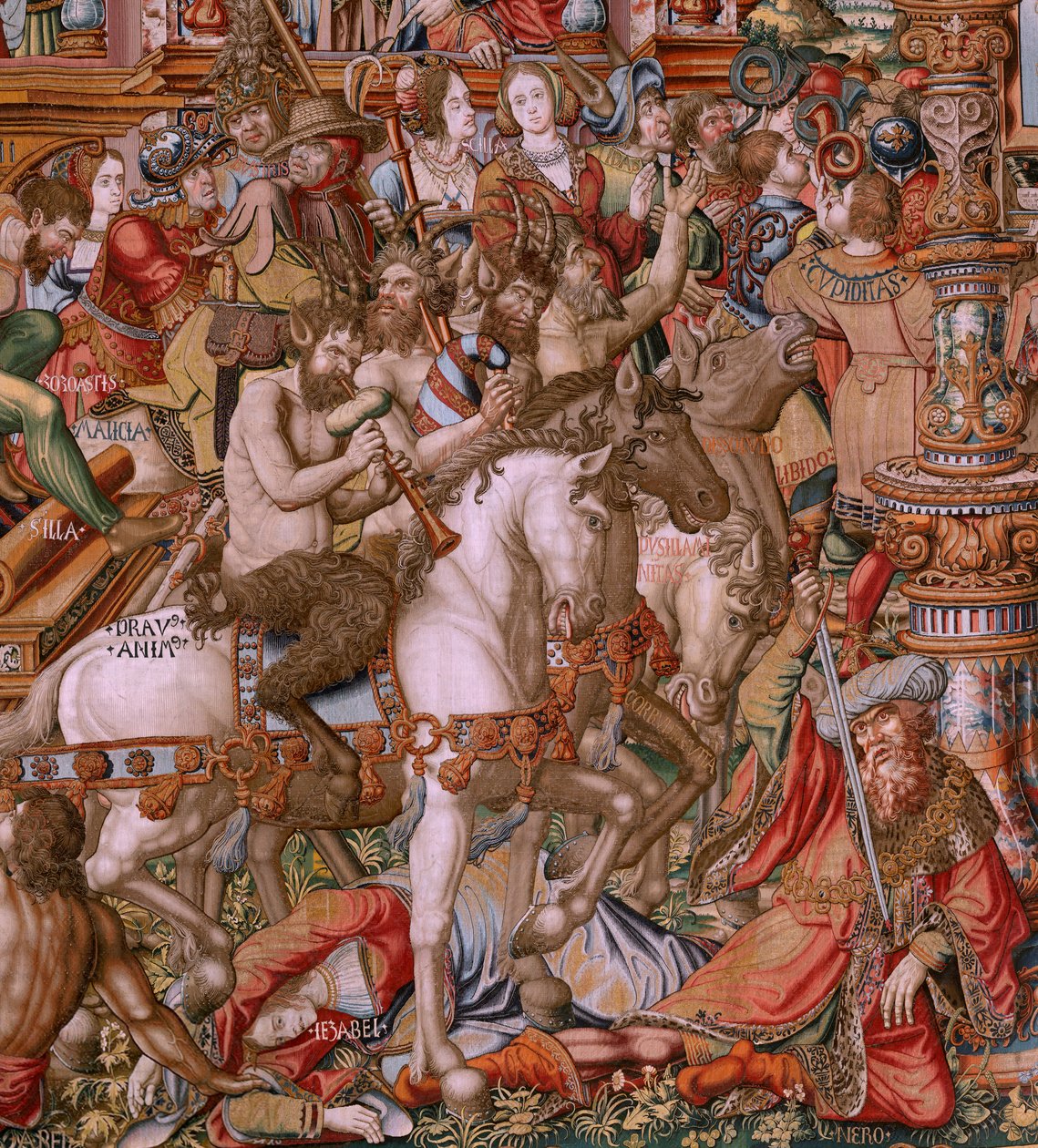 flamländsk gobeläng. Serien The Honours. Infamy (La Infamia). Sjätte gobelängen i serien. Modelltecknare från Bernard van Orleys och Jan Gossaerts krets (Mabuse). Tillverkning Pieter van Aelst, Bryssel. Ca 1550. Tyg Guld, silver, siden och ull. av Bernaert van (circle of) Orley