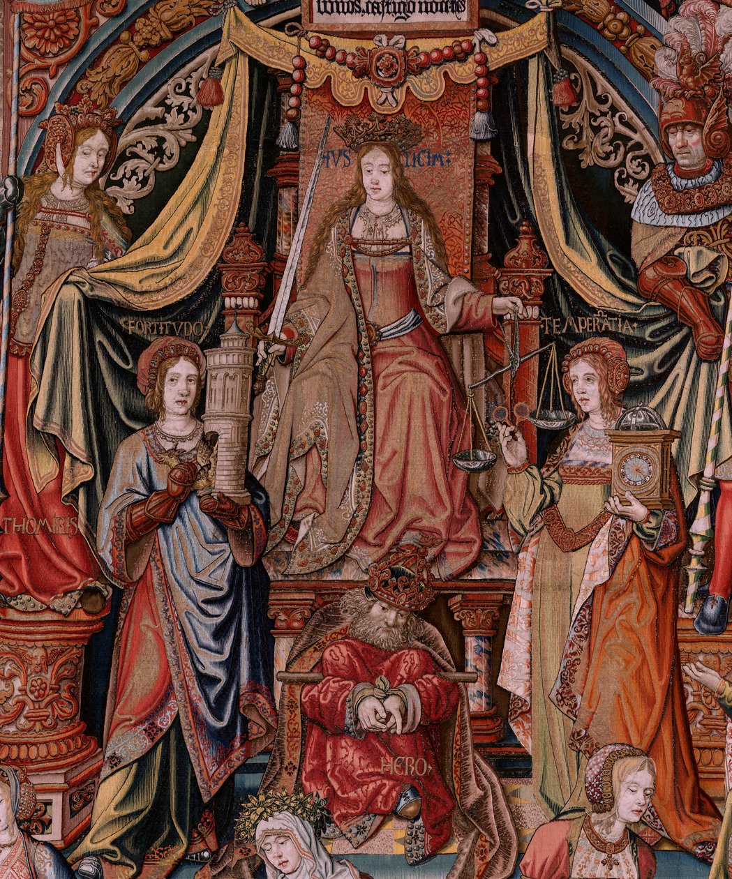 flamländsk gobeläng. Serien The Honours. Rättvisa (La Justicia, Los Honores). Nionde gobeläng i serien. Modelltecknare från Bernard van Orleys och Jan Gossaerts krets (Mabuse). Tillverkning Pieter van Aelst, Bryssel. Ca 1550. Tyg Guld, silver, av Bernaert van (circle of) Orley