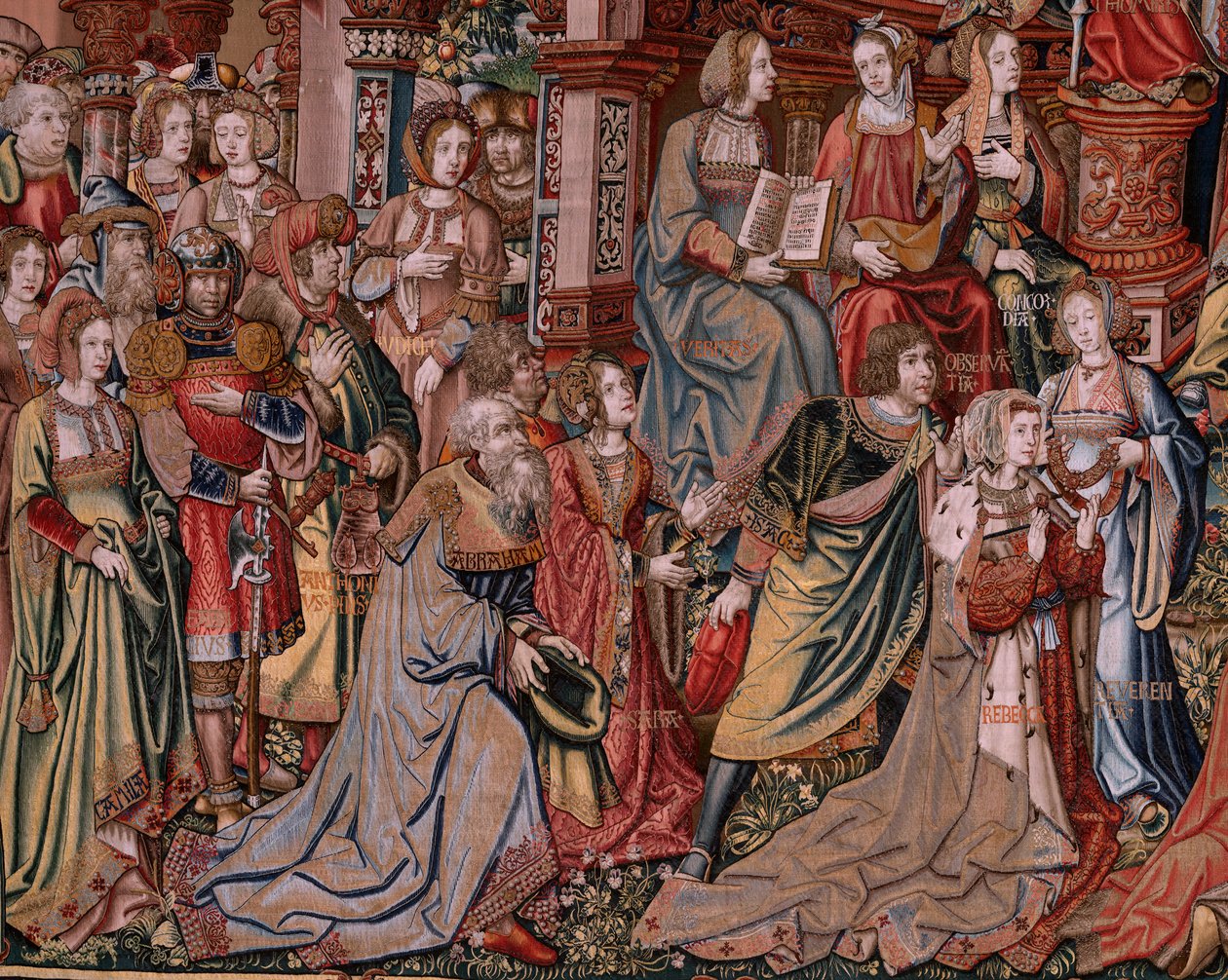 flamländsk gobeläng. Serien The Honours. Rättvisa (La Justicia, Los Honores). Nionde gobeläng i serien. Modelltecknare från Bernard van Orleys och Jan Gossaerts krets (Mabuse). Tillverkning Pieter van Aelst, Bryssel. Ca 1550. Tyg Guld, silver, av Bernaert van (circle of) Orley