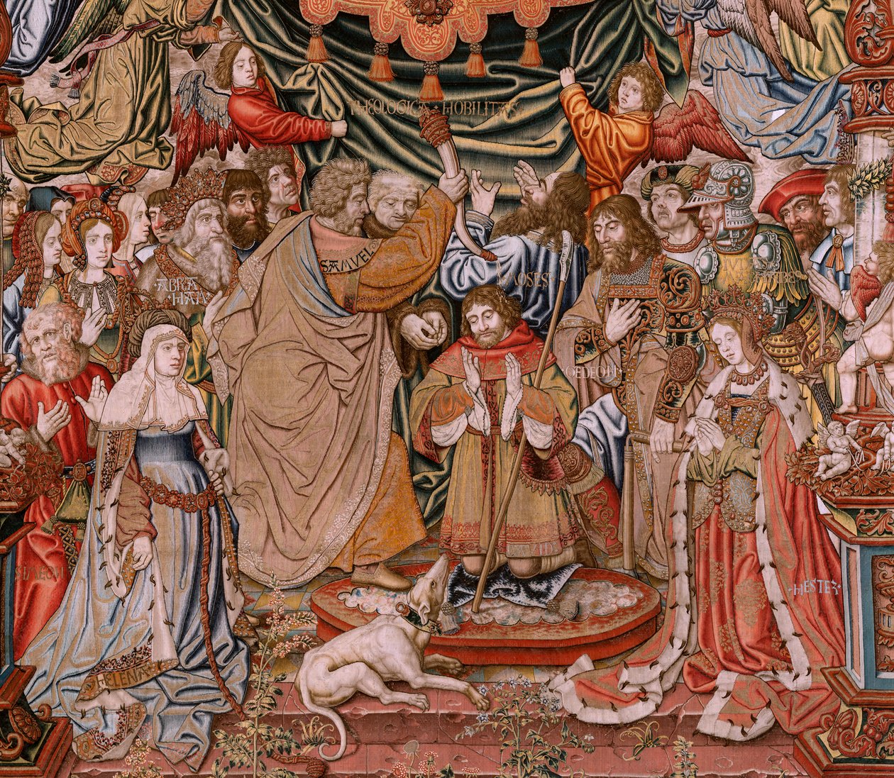 flamländsk gobeläng. Serien The Honours; Adel (La Nobleza). Fjärde gobelängen i serien. Modelltecknare från Bernard van Orleys och Jan Gossaerts krets (Mabuse). Tillverkning Pieter van Aelst, Bryssel.Ca 1550. Tyg Guld, silver, siden och ull av Bernaert van (circle of) Orley