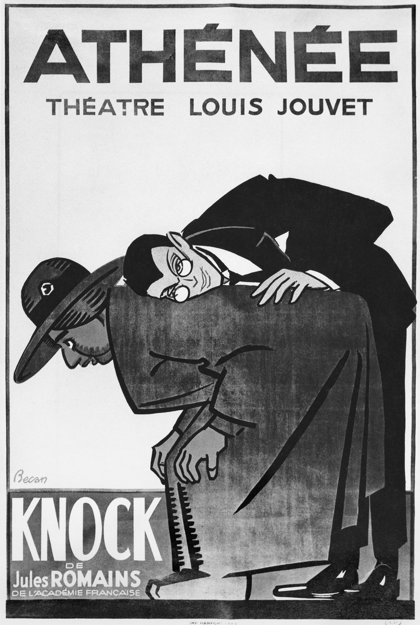 Affisch som annonserar en föreställning av Knock or the Triumph of medicine av Jules Romains (1885-1972) på Theatre Athenee (bw foto) av Bernard Becan