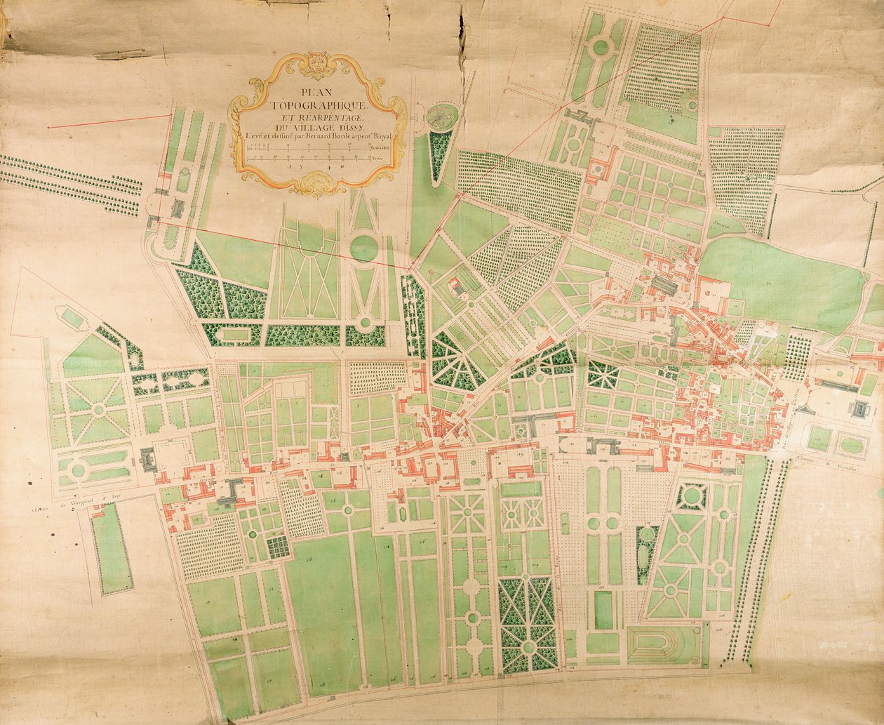 N11Seine87 Topografisk karta och undersökning av byn Issy, 1740 (penna, bläck och wc på papper) av Bernard Borde