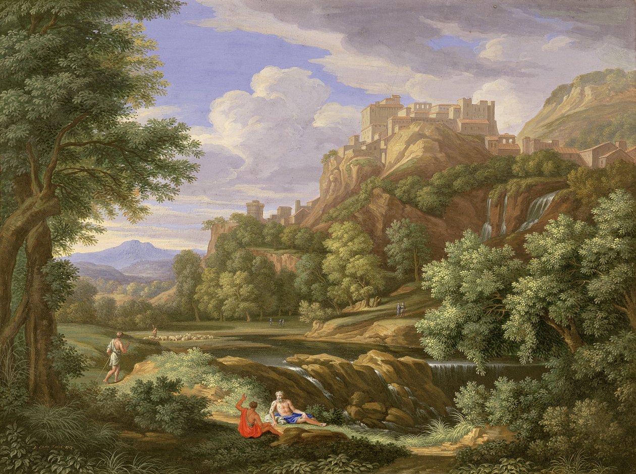 Klassiskt landskap, 1717 (kroppsfärg och gummi med vitt över grafit på veläng) av Bernard Lens