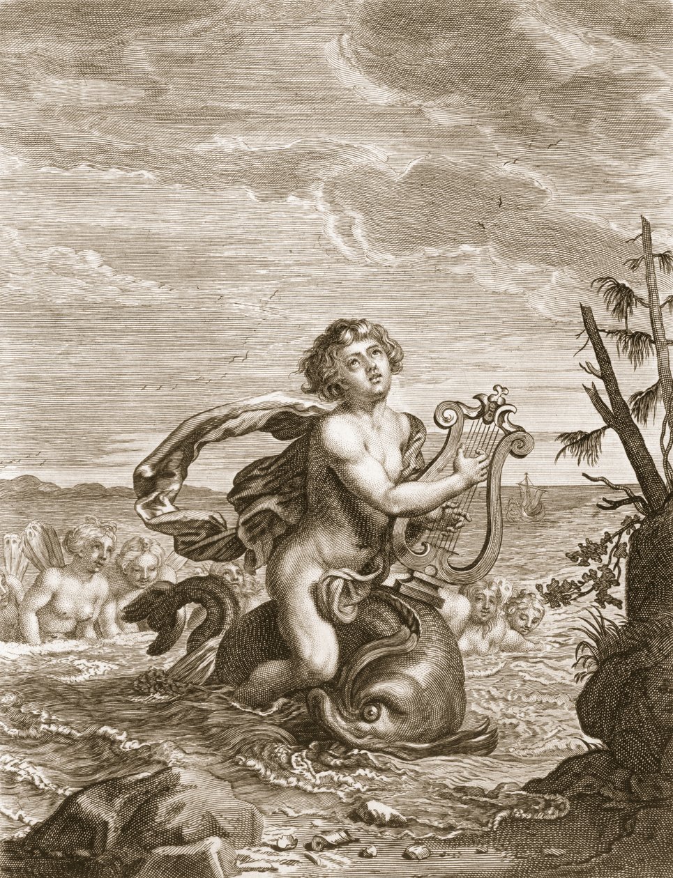 Arion konserverad av en delfin, 1731 av Bernard Picart