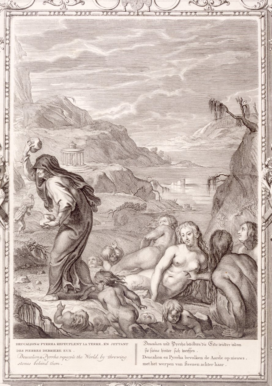 Deucalion och Pyrrha återskapar världen genom att kasta stenar bakom sig, 1731 av Bernard Picart