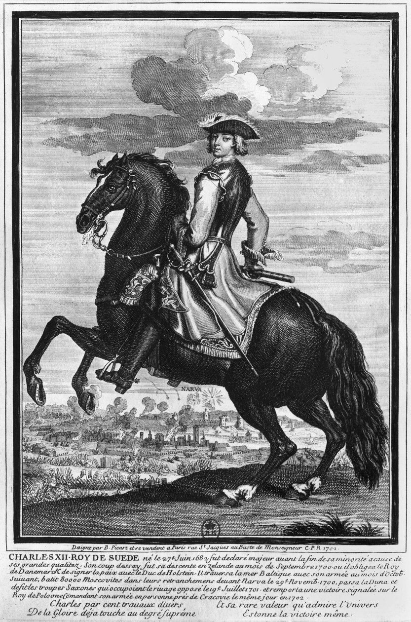 Kung Karl XII (1682-1718) av Sverige, till häst, 1702 av Bernard Picart