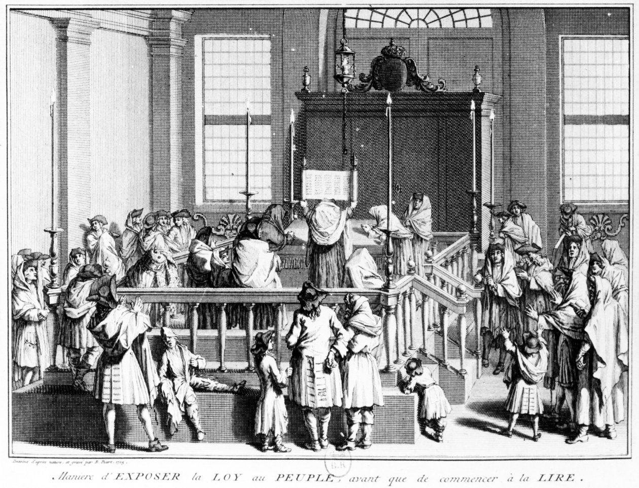 Visar lagen för folket i synagogan innan läsningen påbörjas, 1725 av Bernard Picart