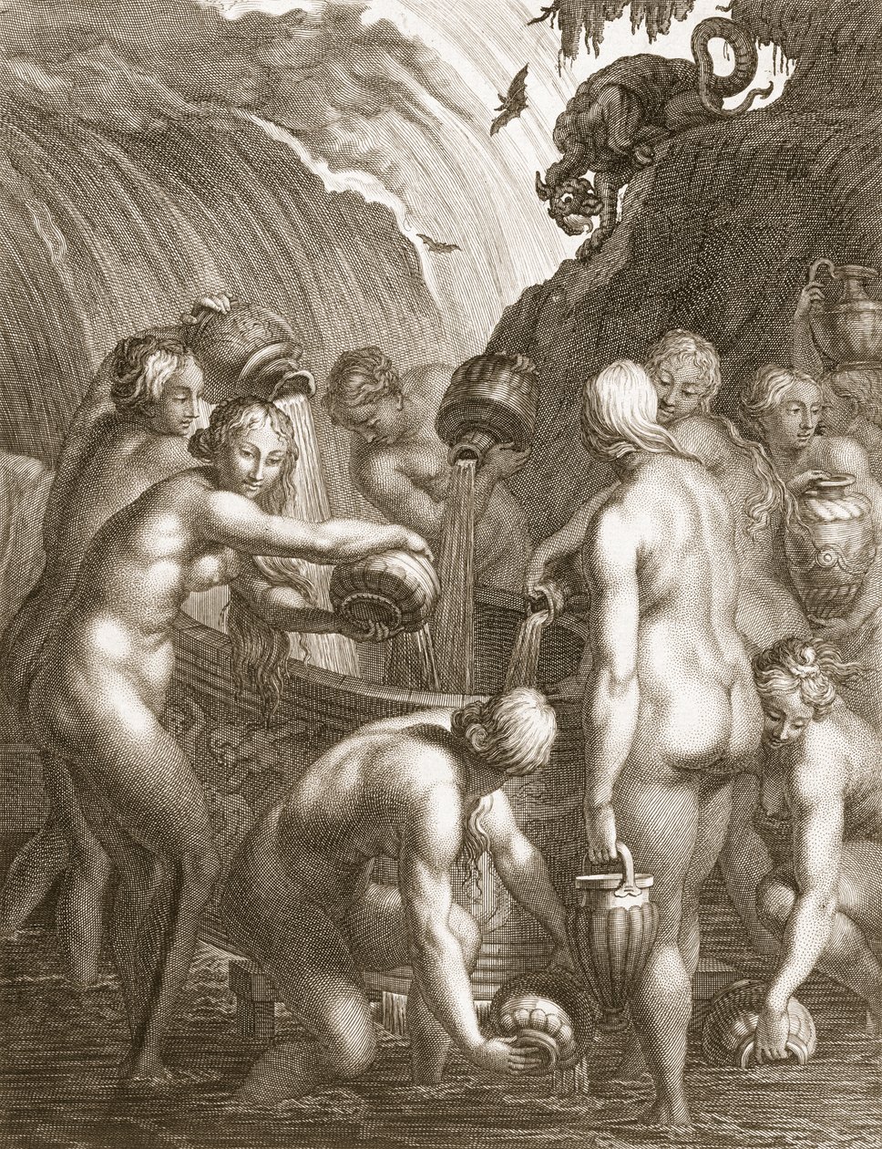 Danaiderna dömda att fylla borrade kärl med vatten, 1730 av Bernard Picart