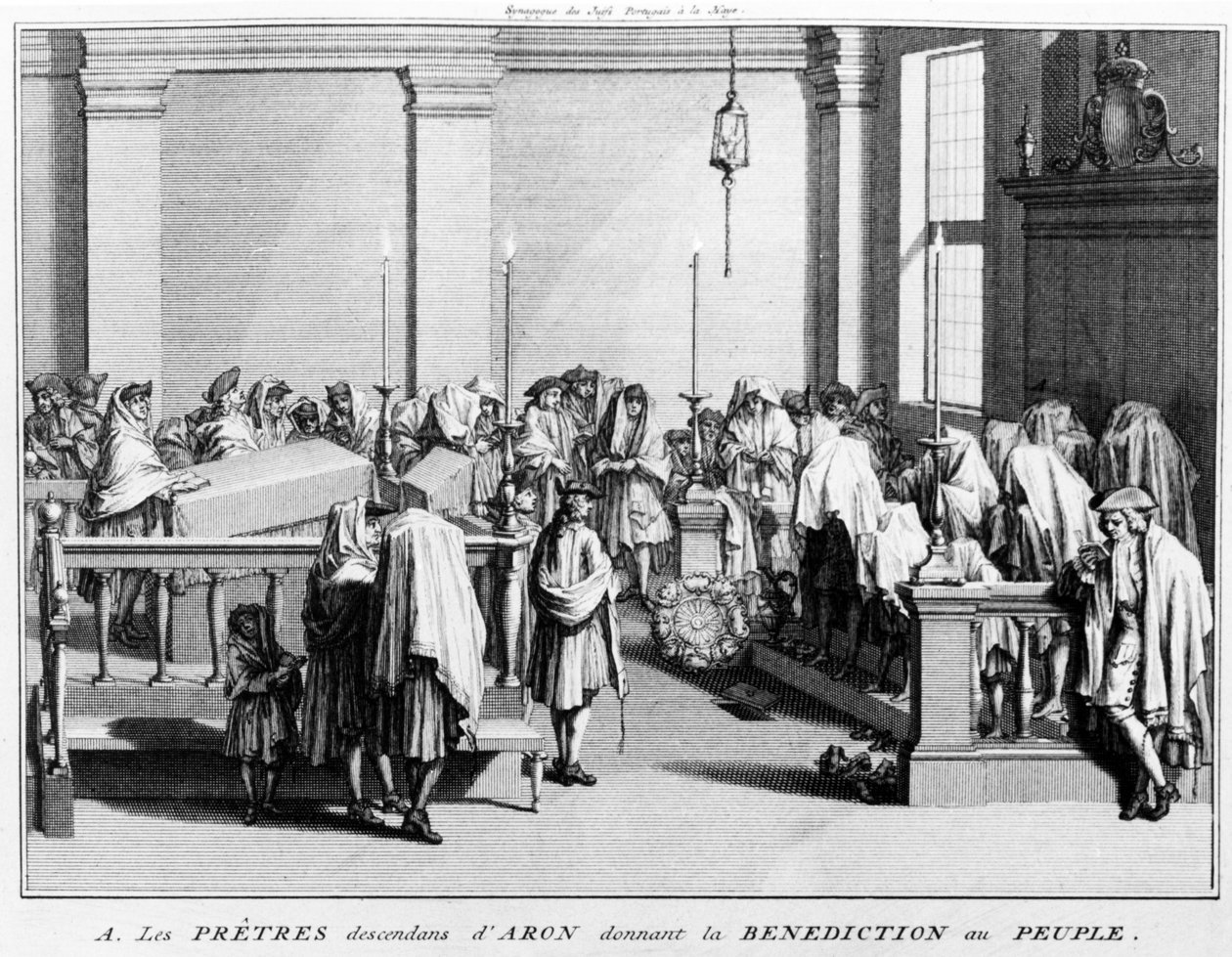 Den prästerliga välsignelsen (Birkat Kohanim) som ges av kohanim, leviternas prästerliga stam (ättlingar till Aron) till folket under gudstjänster i synagogan; 1725 av Bernard Picart